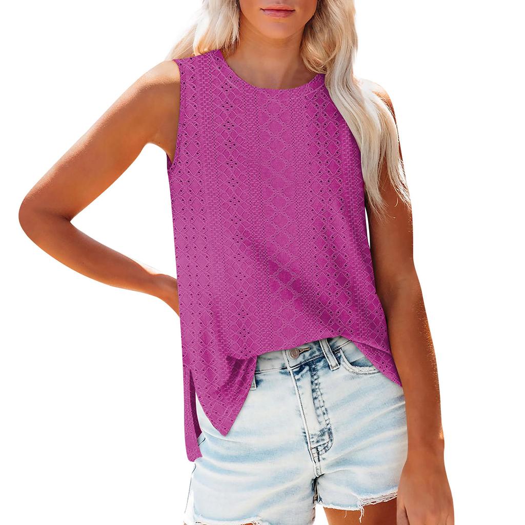 Women's Fashion Round Neck Sleeveless Slit Tank Top Solid Color Casual Top