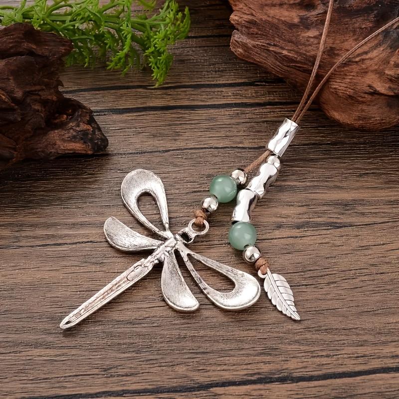 Vintage Dragonfly Necklace Green Beads Bohemian Jewelry Adjustable Rope Gift