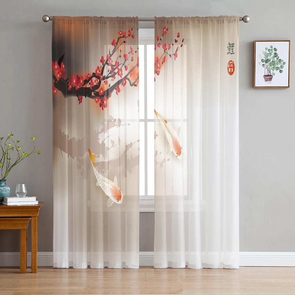 Modern Polyester Carp Chinese Style Toyo Tulle Curtains Living Room Bedroom Voile Drapes Printed Design Light Filtering Made Of Area Decor
