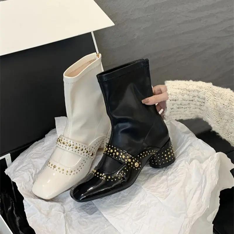 Fashion White Ankle Boots For Woman Rivet Square Toe Back Zipper Fall Shoes Fashion Chunky Heels Mary Jane Black Heel Boots 2025 Trend