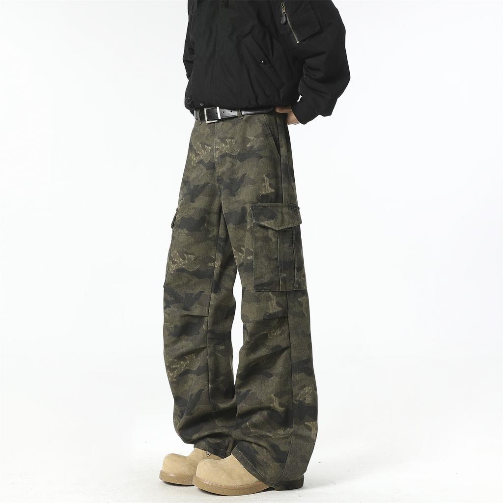 American retro camouflage overalls men's trendy high street multi-pocket design loose straight wide-leg casual jeans