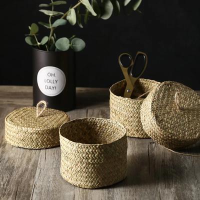 Handmade Storage Basket Cachepot for Flowers Weaving Woven Rattan Storage Container Box Basket Natural Snack Storage Round Box