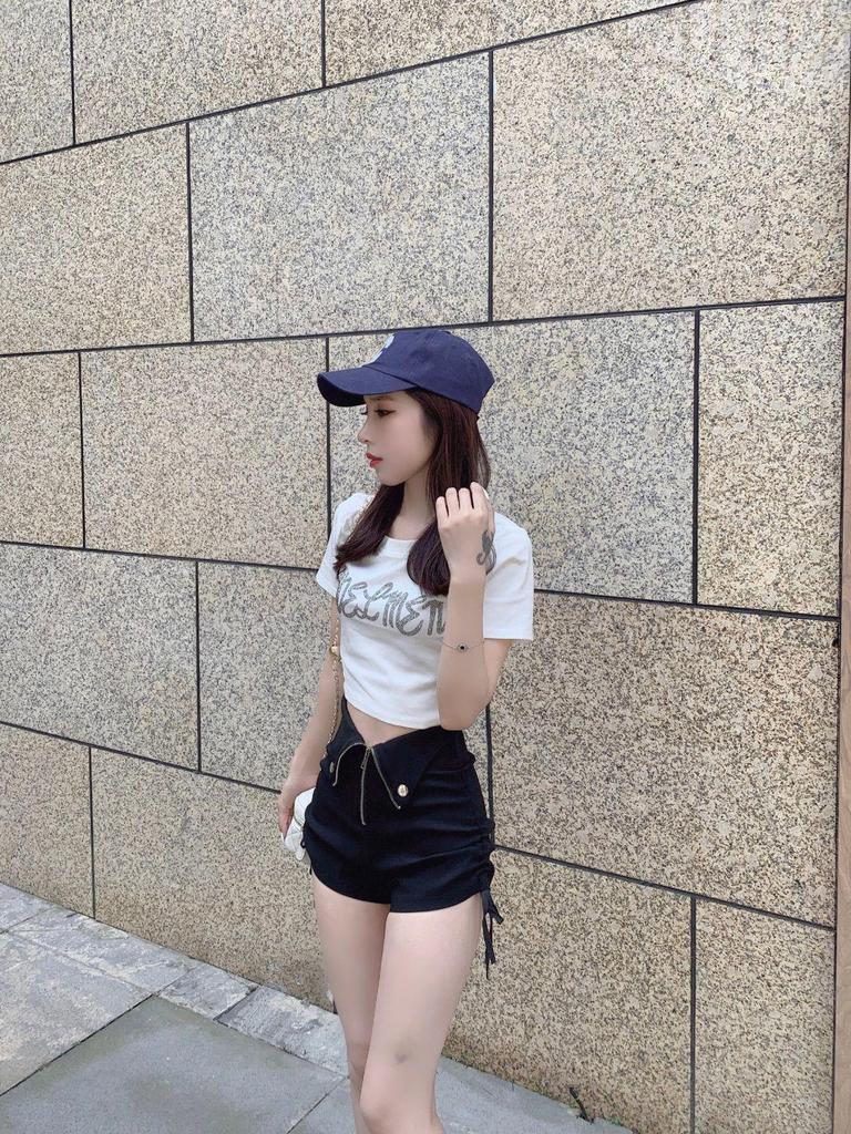 Women's Large Black Wide-Leg Drawstring Zipper A-Line High Waist Casual Shorts - Spring/Summer 2025