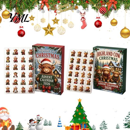 Kids Christmas Countdown Toy 2026 Highland Cow Advent Calendar, 24-Day Acrylic Ornament Set with Surprise Gift Boxes Mini Figures, Tree Hanging Decor,