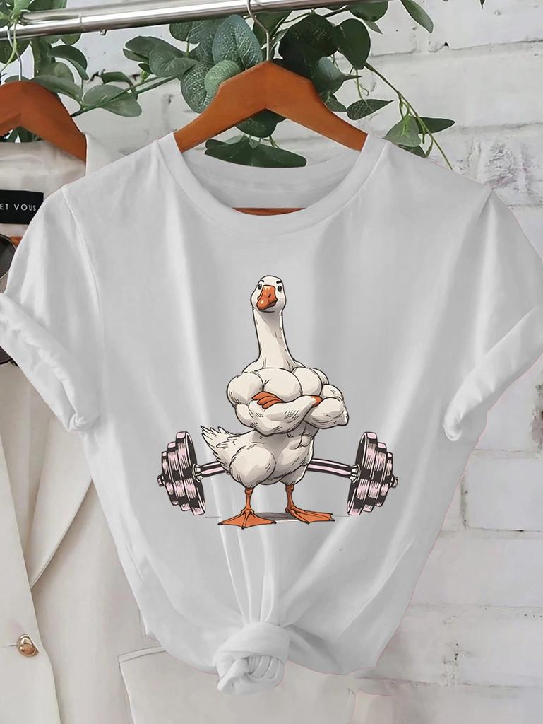 Womens Casual Graphic TShirt Funny Muscular Duck Lifting Weights Design Summer Short Sleeved Harajuku Streetwear Tops Tees