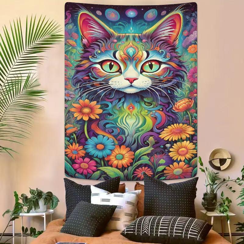 Colorful Magic Cat Blooming Flowers Digital Printing Polyester Wall Tapestry Suitable for Use In Living Rooms Offices Bars Party