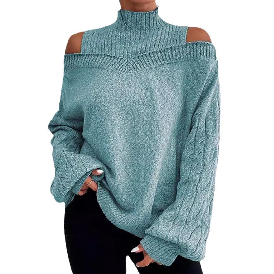 Damen schulterfreier Strickpullover: Herbst/Winter 2026 - Lockerer Halbhoher Kragen mit Laternenärmeln