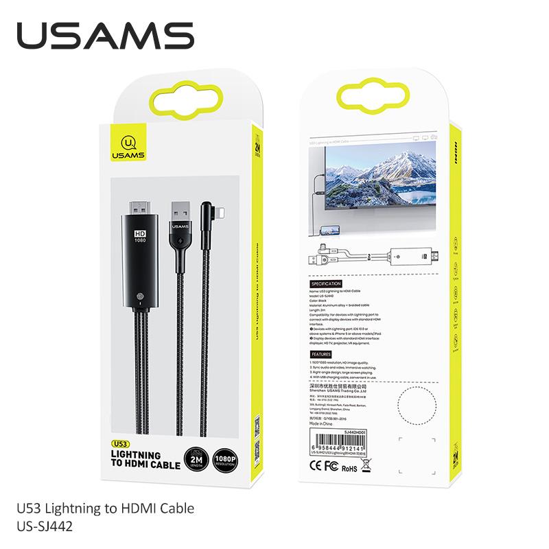 

USAMS Lightning-HDMI-совместимый конвертер USB HD 4K-кабель для iPhone 11 8 X Max iPad к телевизору AV-адаптер Дисплей проектора HDTV 2m Lightning to HDMI чёрный