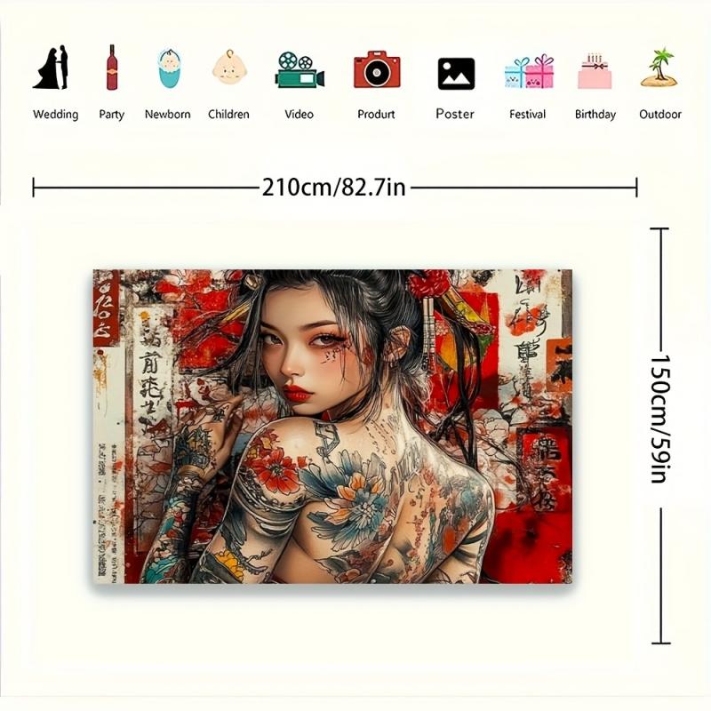 1pc, 2D flat, Japanese tattoo-style backdrop for women - suitable for home, office, party decorations, interior décor, wsj