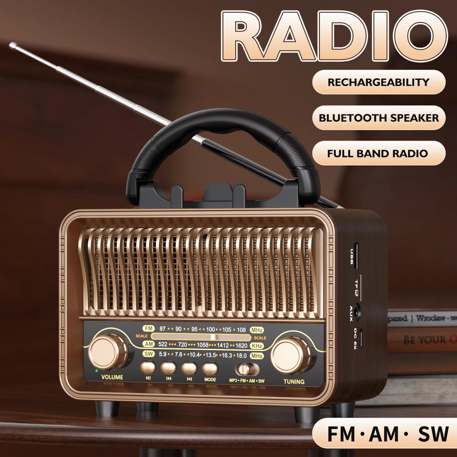 

Ретро Бездротове Радіо Портативне AM/FM/SW з Акумулятором, що Перезаряджається через USB З антеною, AUX та відтворенням з TF-карти, підходить для дому коричневий
