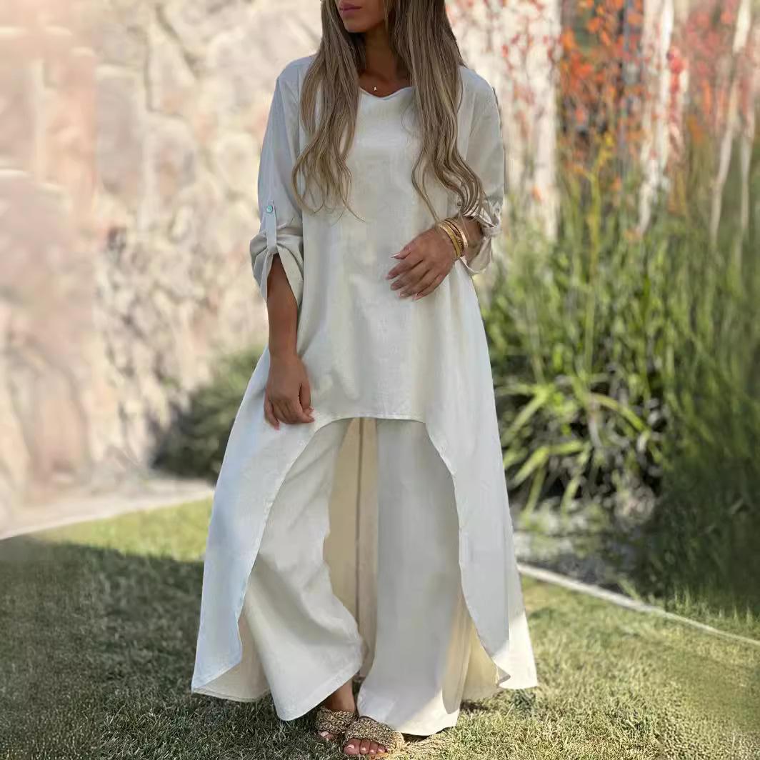 

Летняя модная коллекция, элегантный женский асимметричный топ с круглым вырезом, широкие брюки, комплект из двух предметов из хлопка и льна XS белый