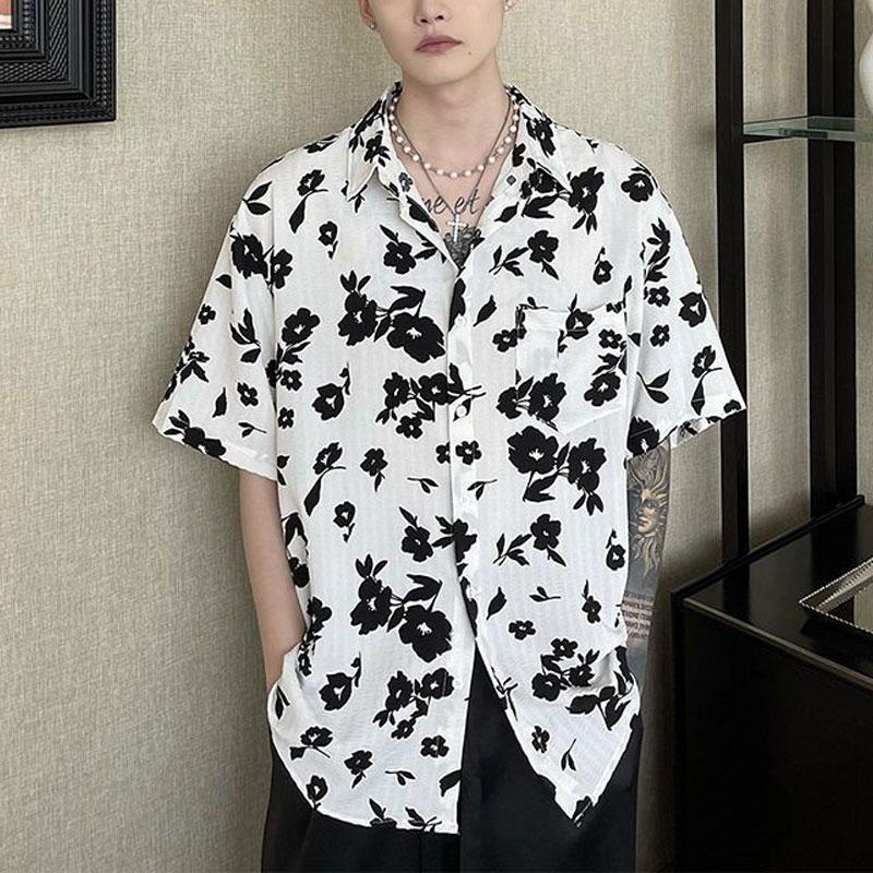 

Broken Flowers Vintage Printed Shirts Men s Clothing Turn-down Collar Summer Stylish Pockets Hong Kong Style Short Sleeve Shirts L белый