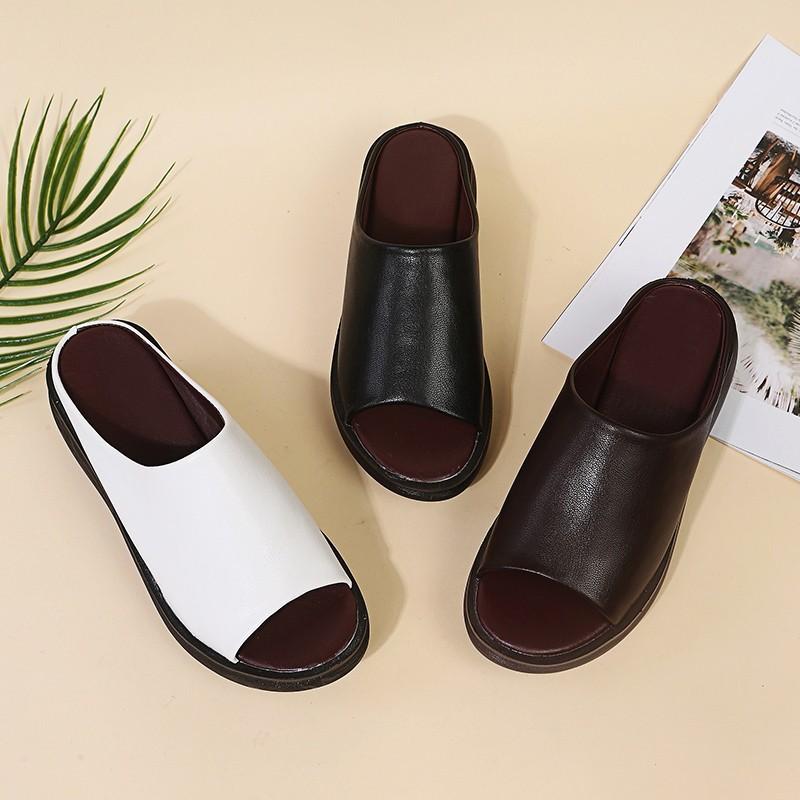 Women Leather Slippers White Ladias Retro Peep Toe Platform Shoes Clogs Slip On Sandals Wedges Sandles Zapatos Shoes