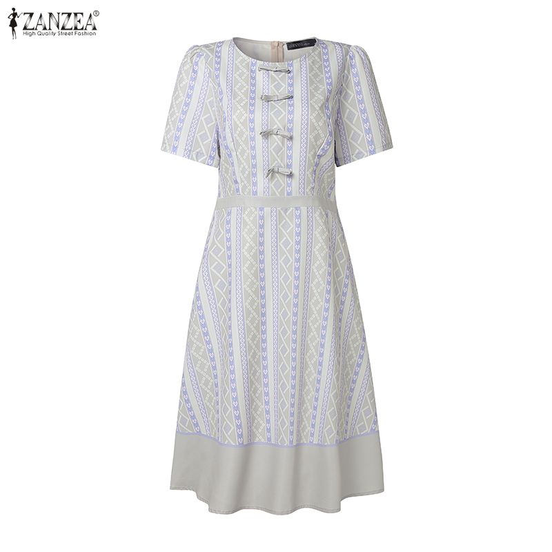 ZANZEA Women Casual Round Neck Short Sleeve Print Dress
