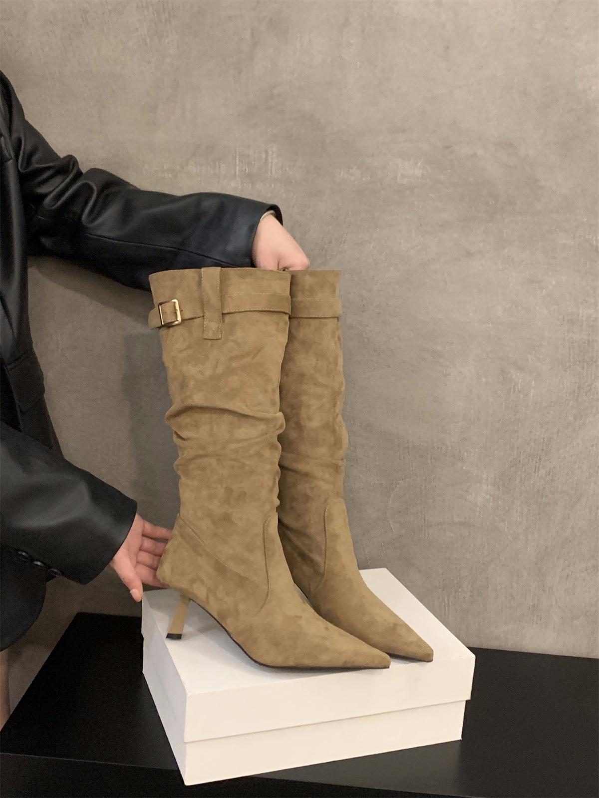 

Узкие ботинки цвета хаки с острым каблуком, женская обувь 2025 года, весна-осень-зима, ретро-ботфорты с ворсом и снежными ботинками-трубами 39
