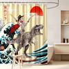 Japanese Cat Shower Curtain, Vintage Anime Sunset Wave Art, Waterproof Fabric With Hooks