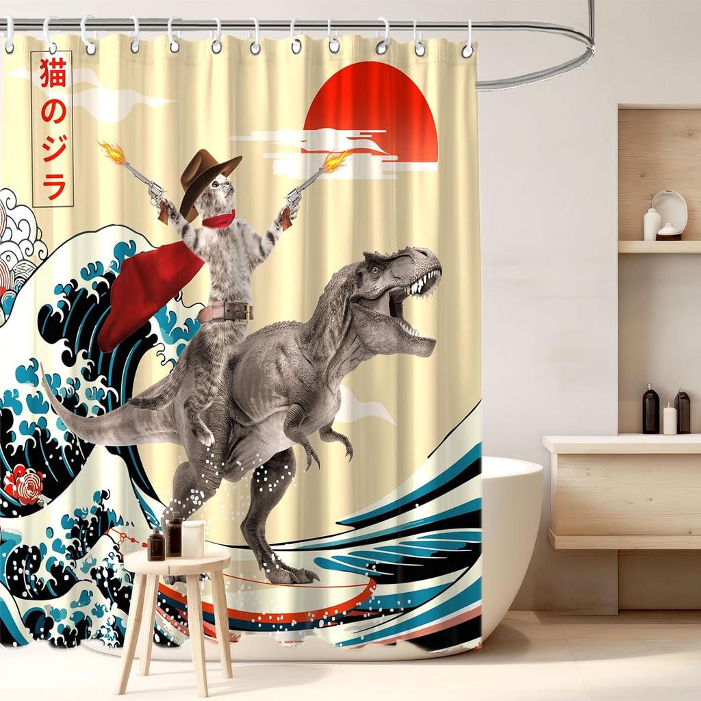 Japanese Cat Shower Curtain, Vintage Anime Sunset Wave Art, Waterproof Fabric With Hooks