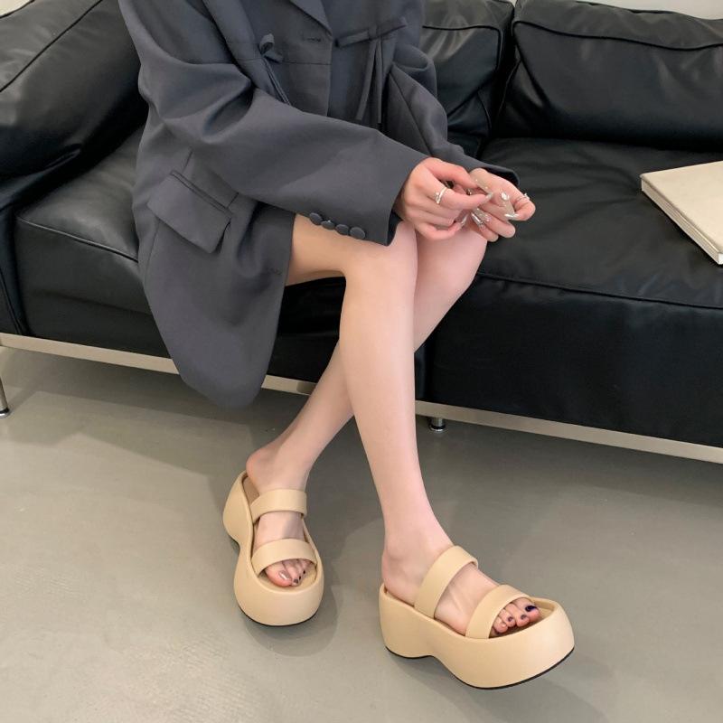 

French black one-word slippers fairy shoes fashionable outer wear 2025 new summer wedge heel sandals heightening sandals 39 абрикосовый