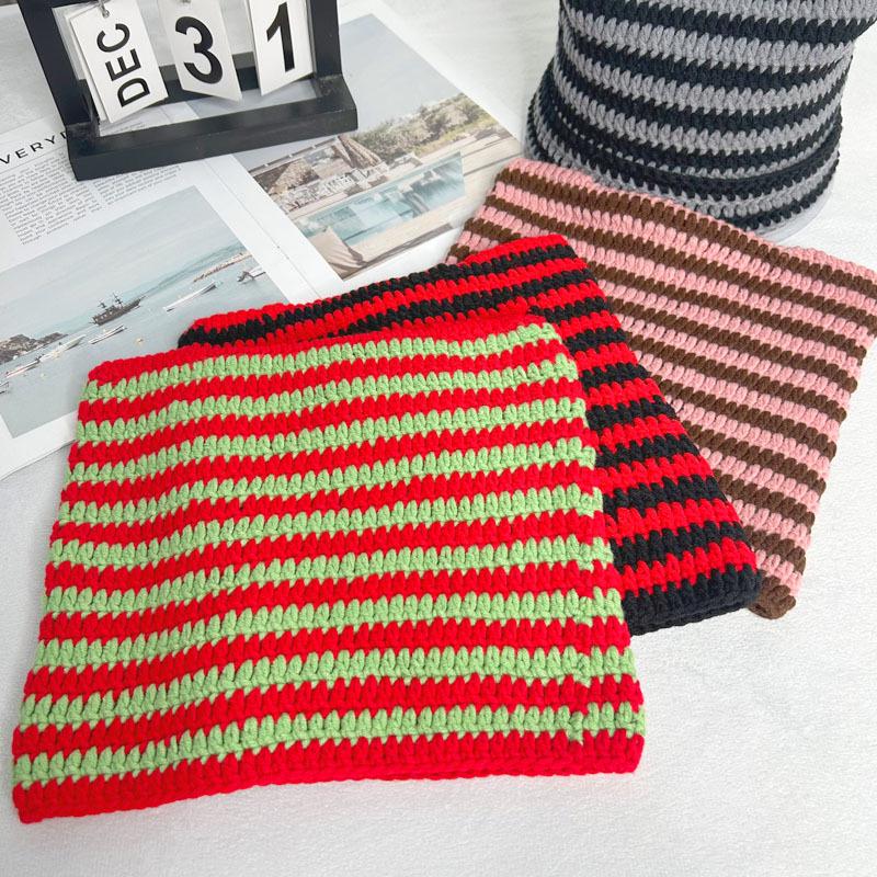 Autumn-Winter Striped Woolen Hat with Cute Cat Ears - Fashionable, Versatile Devil Design.