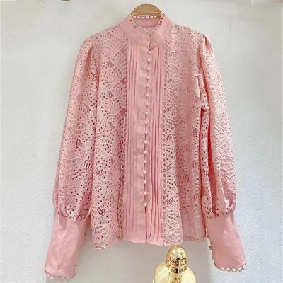 Francês vintage oco para fora camisa de renda feminina beading botão lanterna manga blusa feminina elegante solto sólido magro senhora topos 29924