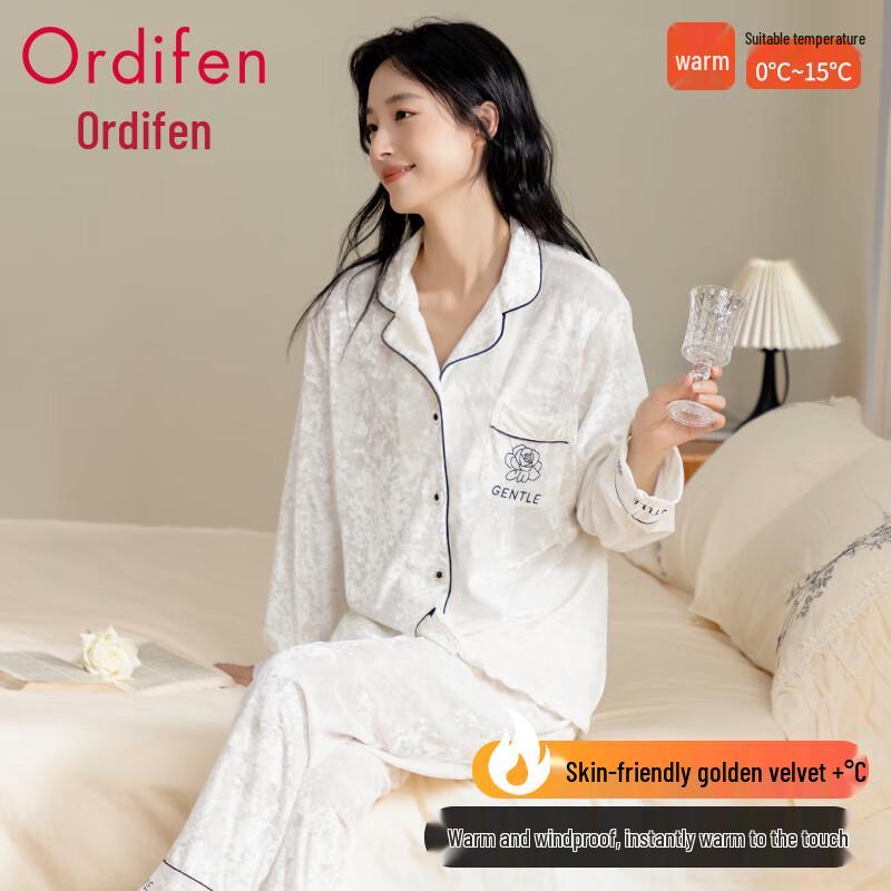 Oudifen Women s Gold Velvet Cardigan Pajama Set XL