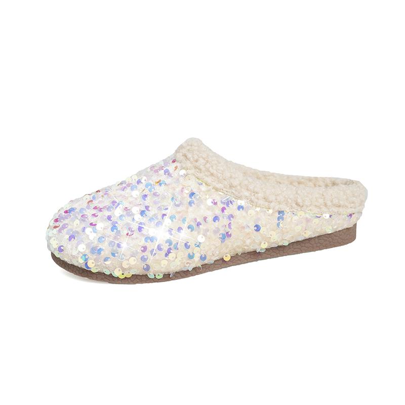 Sequin Baotou Slippers Autumn and Winter New Round Toe Deep Mouth Soft Sole Non-slip Wear-resistant Flat Shoes