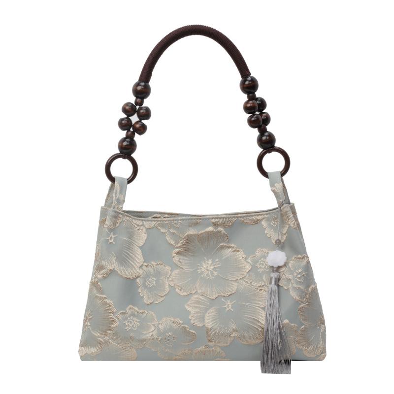 New Chinese niche velvet embossed dark pattern versatile armpit bag, high-end retro foreign style wooden beads, shoulder hand bag