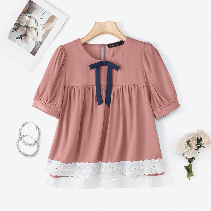 ZANZEA Women Casual Round Neck Summer Short Sleeve Lace Splice Blouse