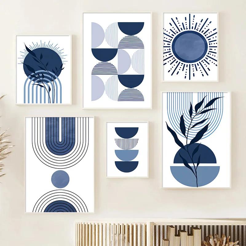 Boho Blue Abstract Modern Wall Art Print Sun Geometric Line Leaf Canvas Painting Nordic Posters Decor Pictures for Living Room