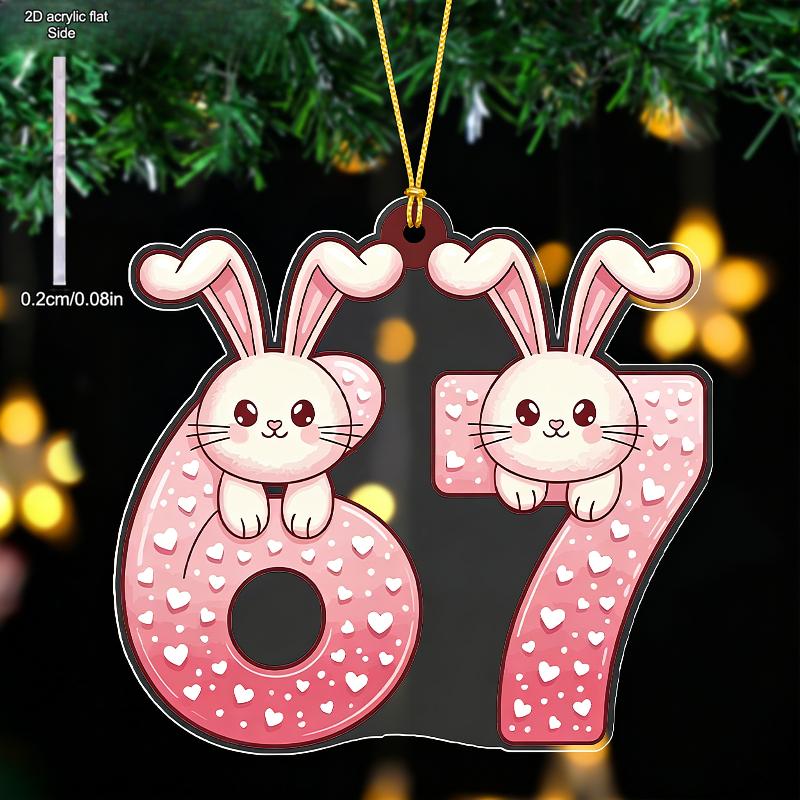 Valentine's Day Hanging Ornaments Compatible for Couples - Transparent Acrylic Bunny Decor with 6 or 7-Pendant Drops & Finials - Cute Patterns 