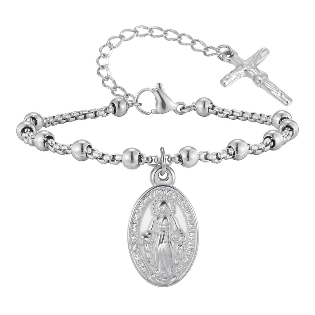 Religious Jesus Cross Rosary Bracelet for Women, Stainless Steel Virgin Mary Charms Bracelets Gold Plated Prayer Jewelry