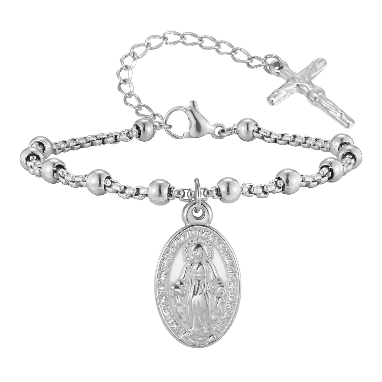 

Religious Jesus Cross Rosary Bracelet for Women, Stainless Steel Virgin Mary Charms Bracelets Gold Plated Prayer Jewelry