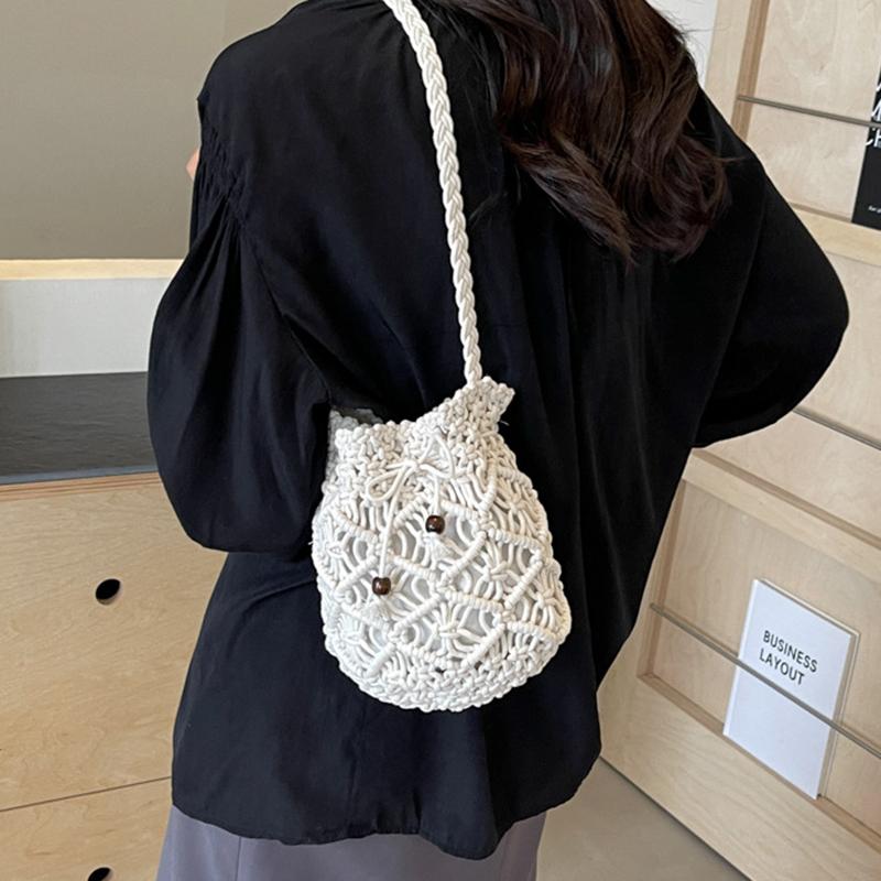 Woven Handbag Fashion Boho Hollow Out Handmade Bucket Crossbody Bag Summer Beach Bag Knitted Phone Pouch