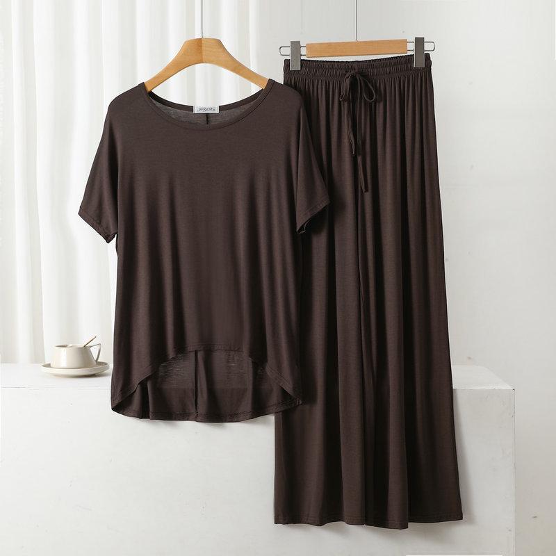 Damen Übergröße Freizeit-Pyjama-Set: Modal Rundhals Kurzarm Oberteil & Weitbeinige Hose