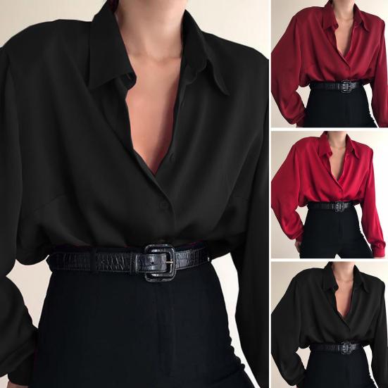 Camicia da Donna Primaverile Colore Unito Collo a Revers Monopetto