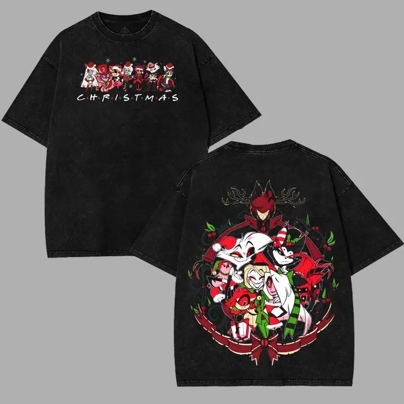 2026 Summer Hot Sale Anime Hazbin Hotel Vintage Tshirt Y2k Unisex Gothic Washed Clothes Hip Hop Streetwear Oversized Tshirt