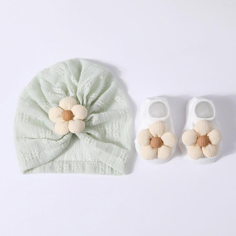 Elastic Infant Turban Hat Breathable Fetal Caps & Matching Socks Set Stylish Girls Clothing Accessories for Baby