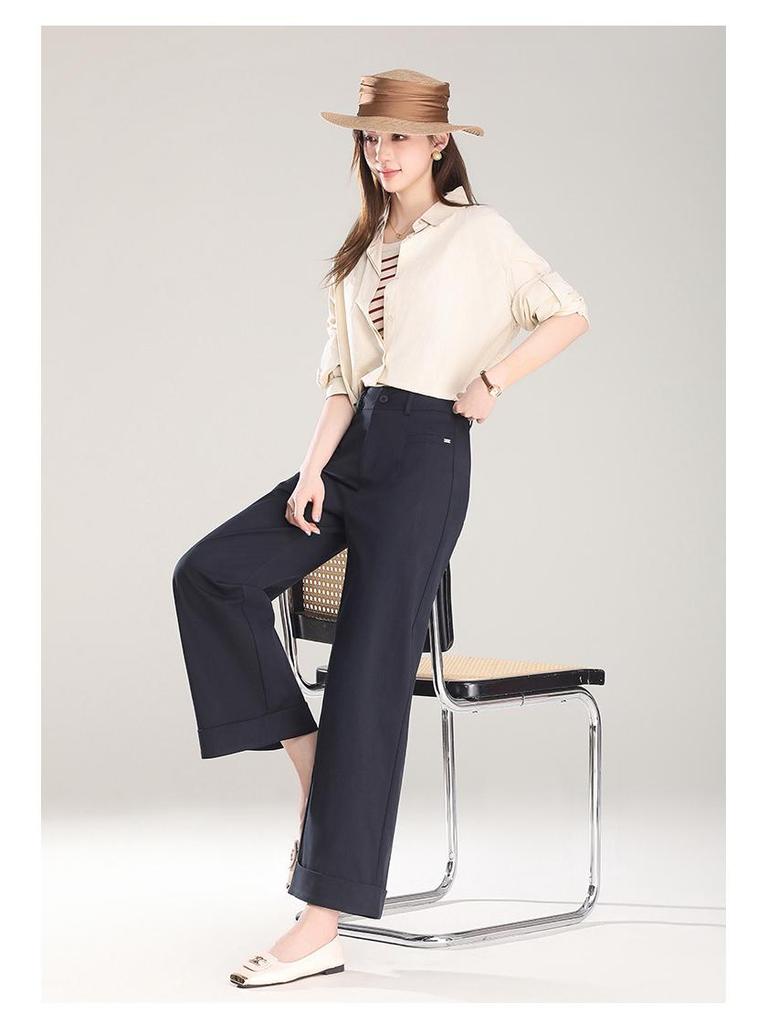 Beige Turn-Up Wide-Leg Cropped Pants - Women's 2025 Spring/Autumn Casual Loose Fit