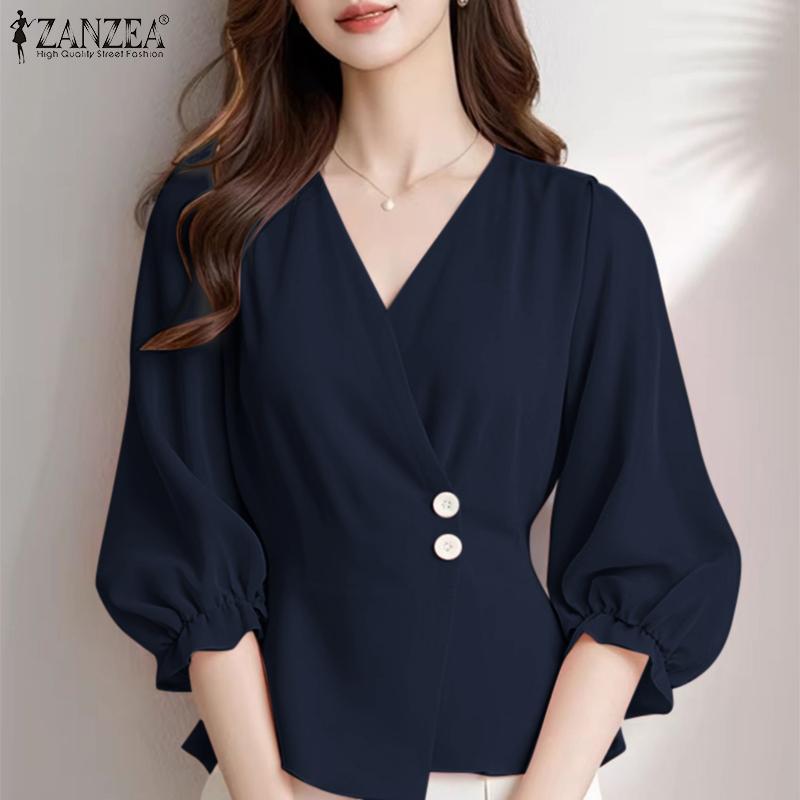ZANZEA Lässige Bluse mit V-Ausschnitt und langen Ärmeln für Damen in Volltonfarbe