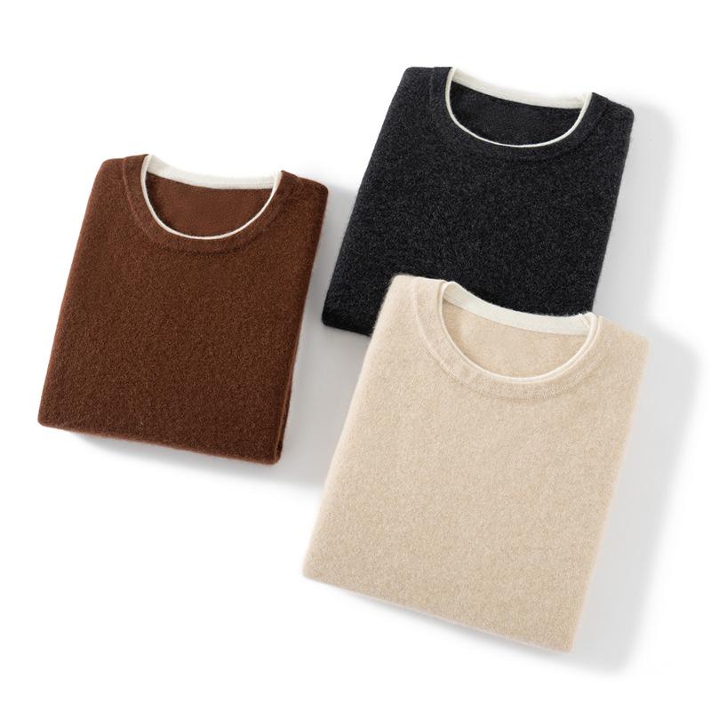 Pure Cashmere Color Block Round Neck Knit Sweater - Women's Long Sleeve Loose Fit Base Layer for Fall/Winter