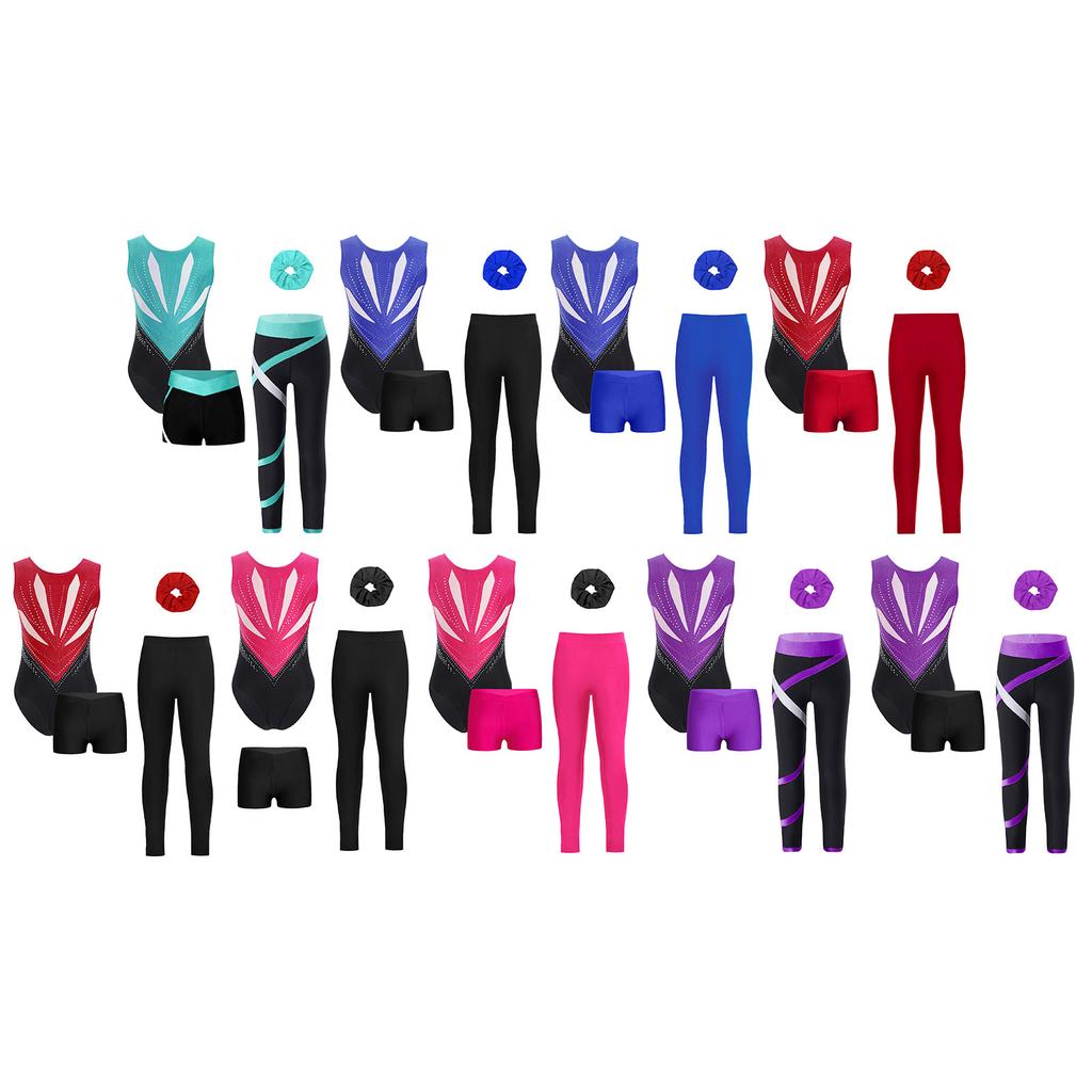 4cs/Set Kids Girls Gymnastics Outfit Sleeveless Bowknot Cutout Back Sparkly Rhinestones Color Block Patchwork Leotard with Shorts Leggings Hair Band