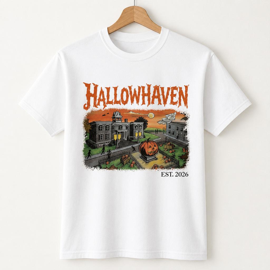 Hallowhaven Halloween Shirt Haunted House Pumpkin Retro Graphic Tee S-5XL