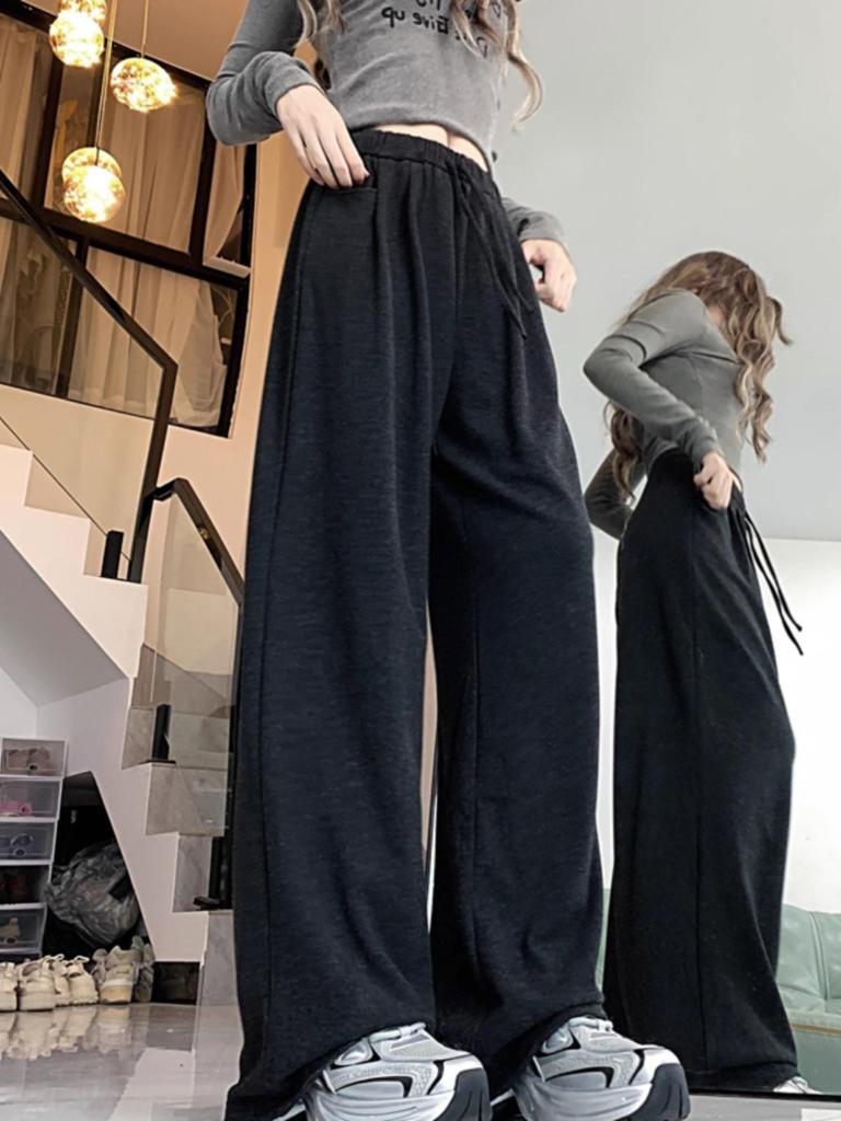 145cm High-Waisted Narrow-Leg Drawstring Knit Pants – Korean Style Women's Early Autumn Pocket Pants