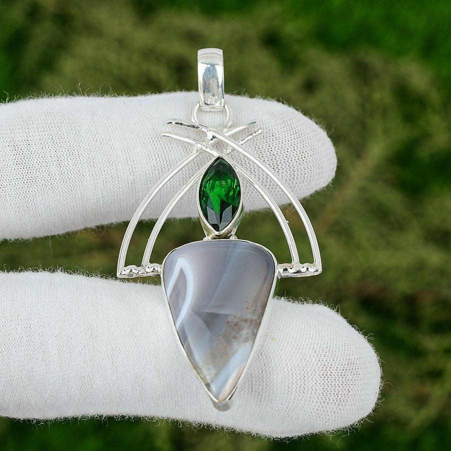

Trillion Botswana Agate Stone Chrome Diopside Pendant Jewelry Sterling Silver