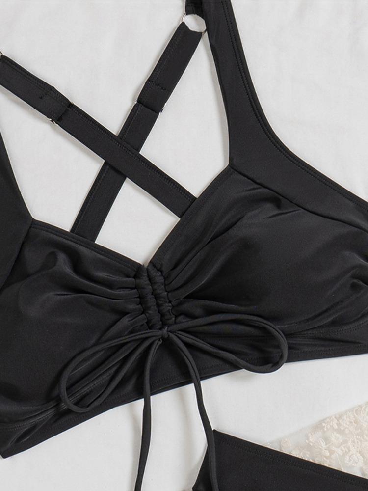 Solid Pendant Design Sexy Two Piece Bikini With Drawstring Skort Comfortable For Beach Vacation