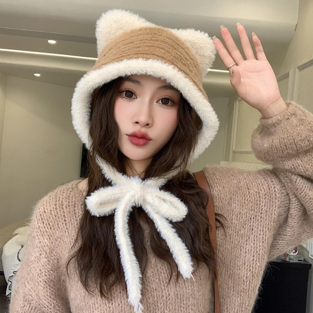 Plush Faux Fur Bucket Hat Korean Style Women Fluffy Hats Fashion Cute Cat Ear Hat  Girls