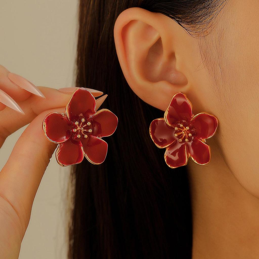 Colorful Drip Oil Flower Stud Earrings - Simple Double-Layer Petal Design for Women, Perfect for Spring and Summer