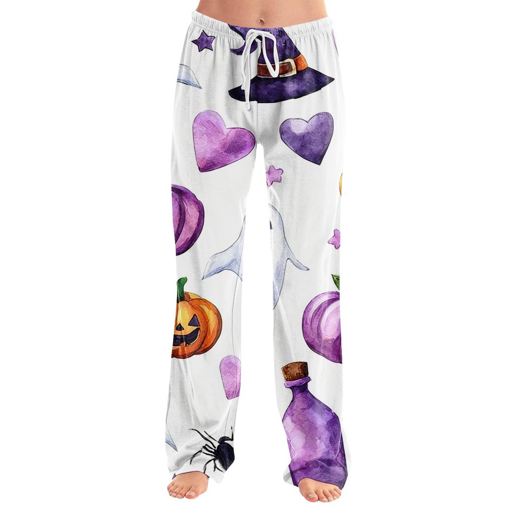 Damen Halloween Print Kordelzug Hose Lässige Lounge Hose Elastische Taille Entspannte Passform Volle Länge Weicher Stoff