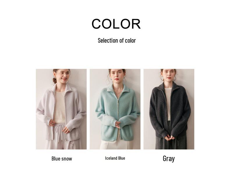 2025 Autumn/Winter Thick Double Zipper Cashmere Knit Cardigan for Women - High Collar Ribbed Long Sleeve Outerwear
