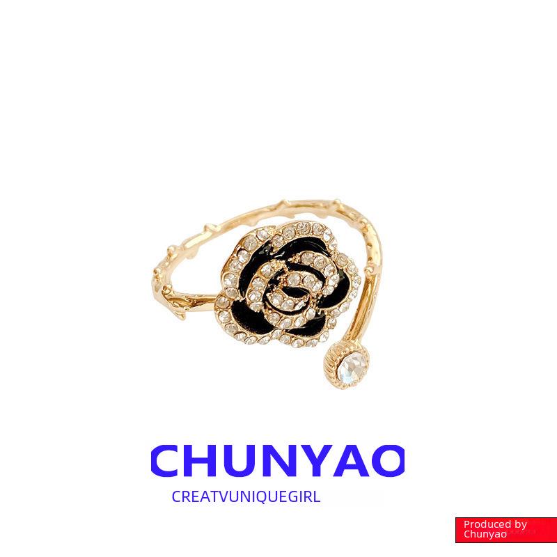 Black Camellia Adjustable French Style Trendy Index Finger Ring for Women